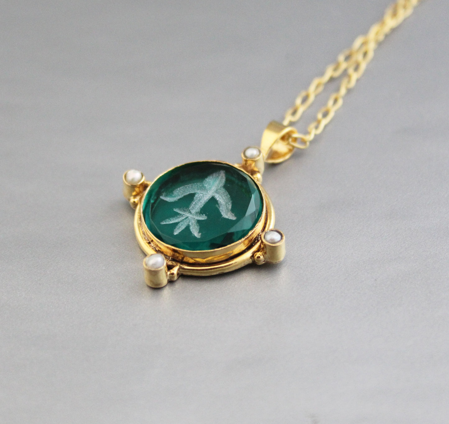 Green Intaglio Necklace, Victorian Pendant, Unique jewelry