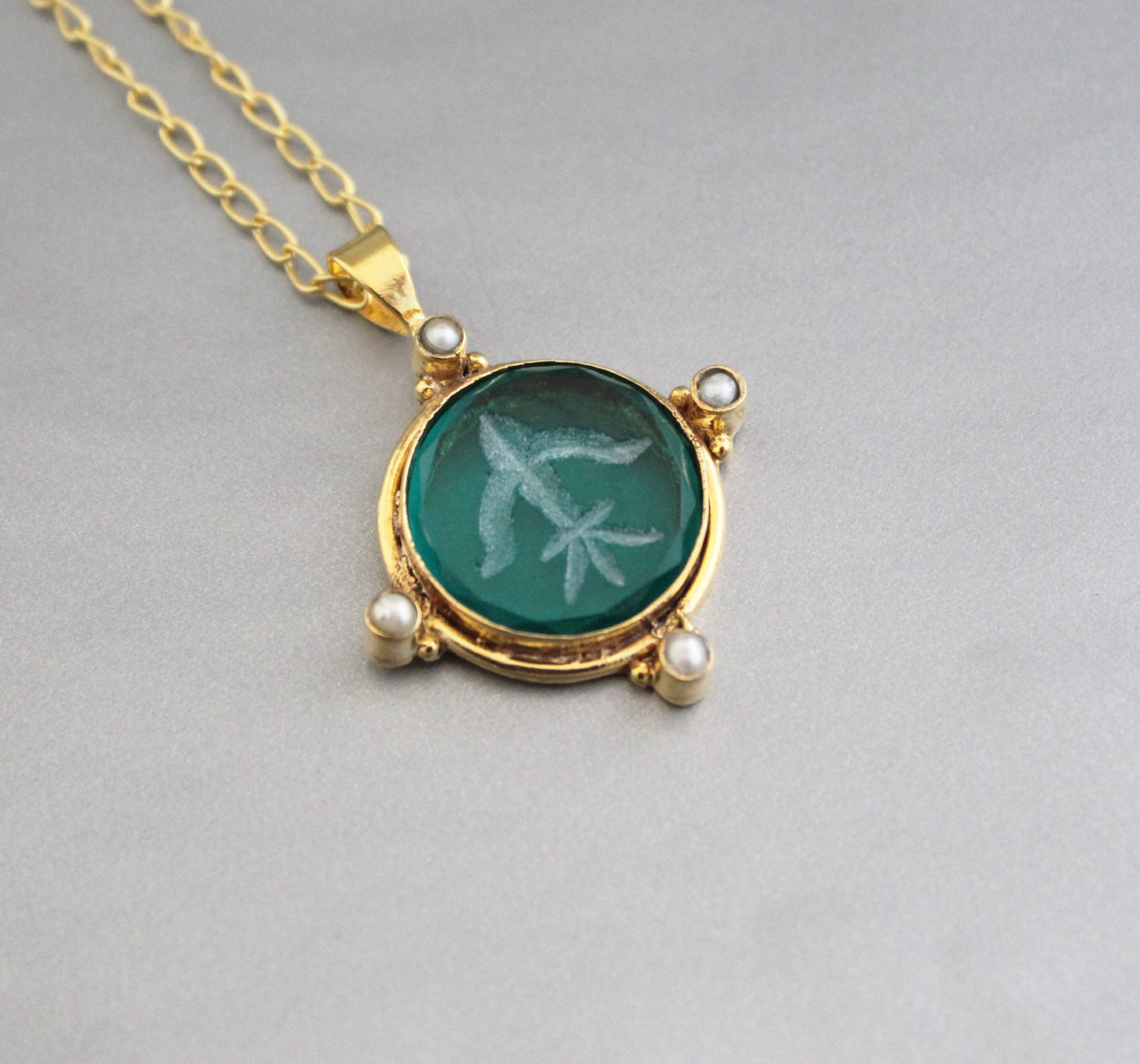 Green Intaglio Necklace, Victorian Pendant, Unique jewelry