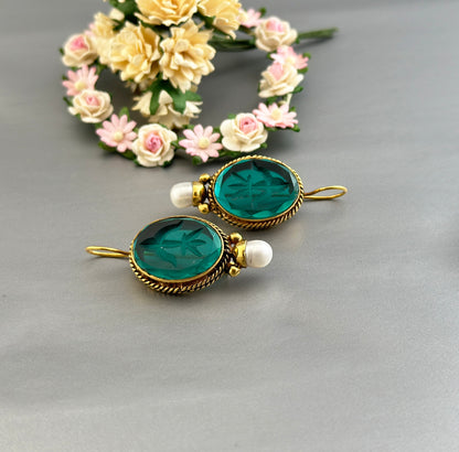 Antique Dark Green Intaglio Earrings