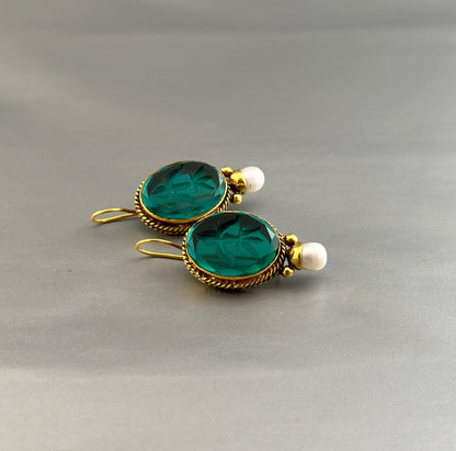 Antique Dark Green Intaglio Earrings