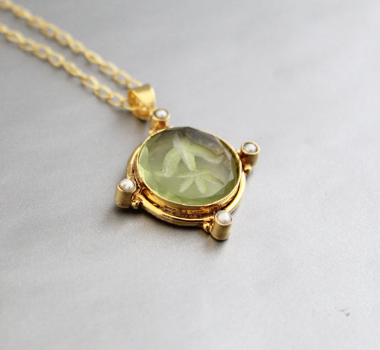 Olive Green Intaglio Necklace, Victorian Pendant, Unique jewelry