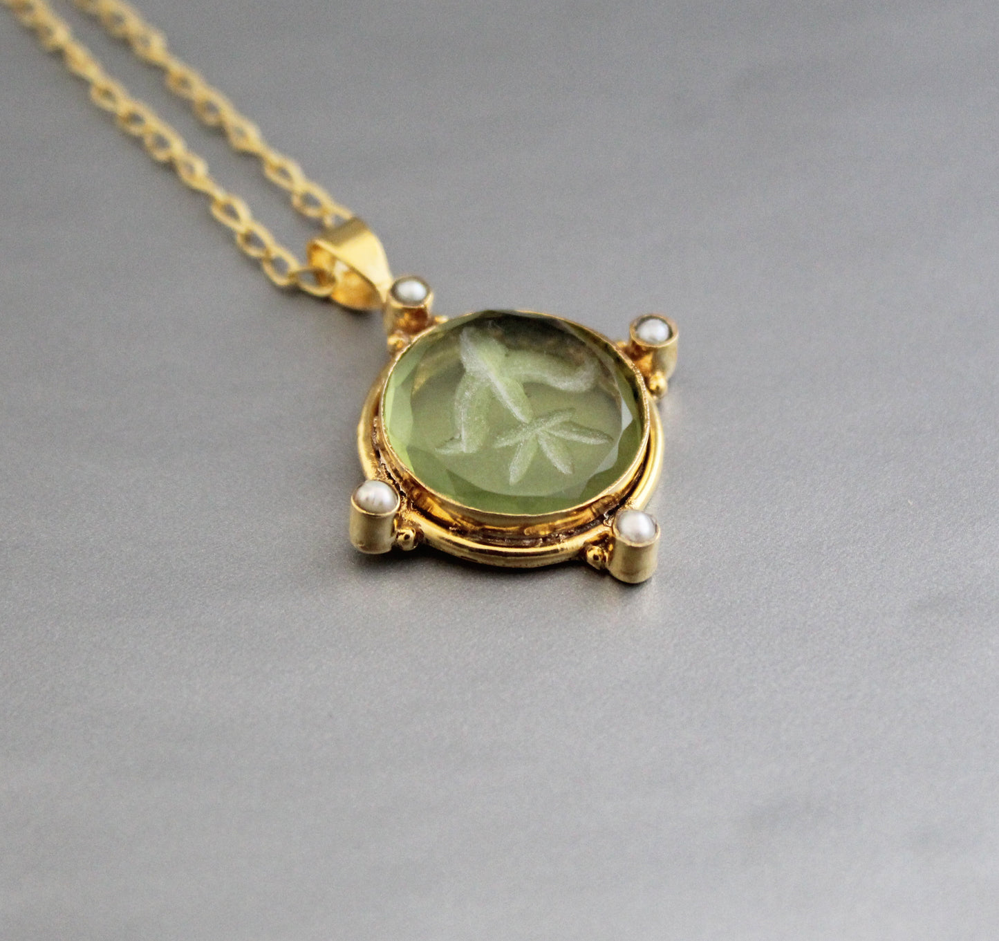 Olive Green Intaglio Necklace, Victorian Pendant, Unique jewelry