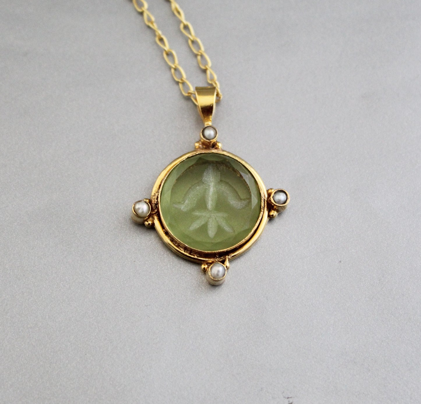 Olive Green Intaglio Necklace, Victorian Pendant, Unique jewelry