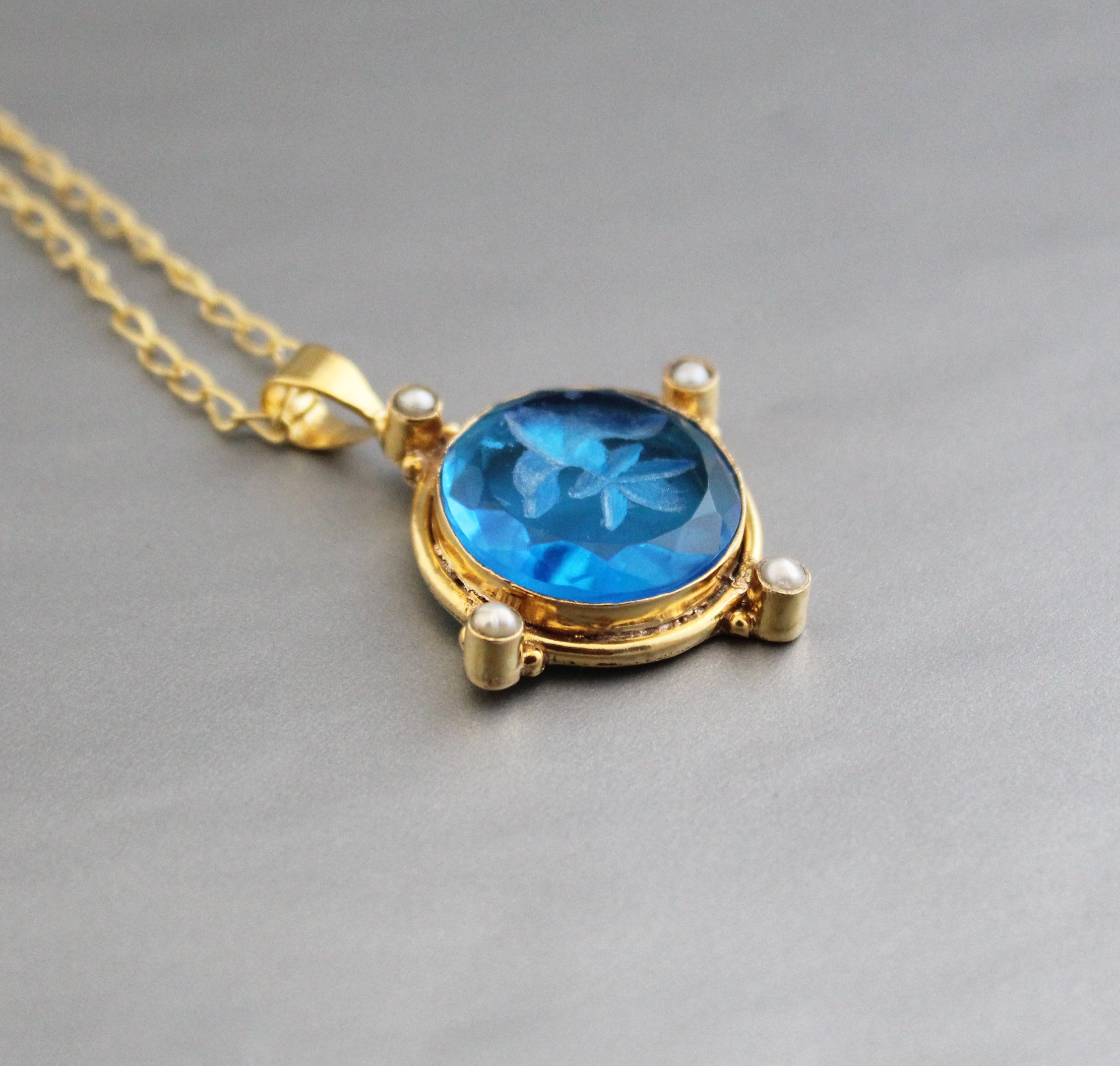 Blue Intaglio Necklace, Victorian Pendant, Unique jewelry