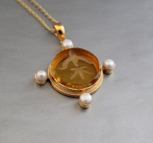 Yellow Intaglio Necklace, Victorian Pendant, Unique Jewelry