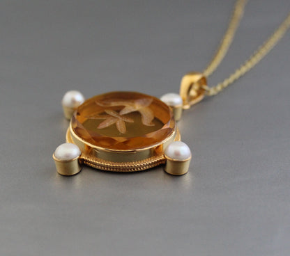 Yellow Intaglio Necklace, Victorian Pendant, Unique Jewelry