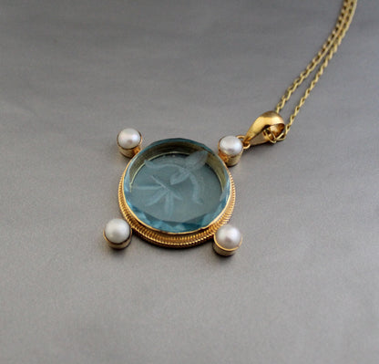 Blue Intaglio Necklace, Victorian Pendant, Unique Jewelry