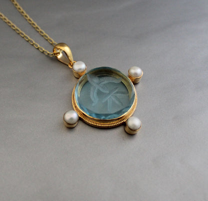 Blue Intaglio Necklace, Victorian Pendant, Unique Jewelry