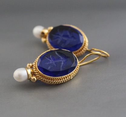 Indigo Blue Earrings Intaglio Earrings, Vintage Jewelry