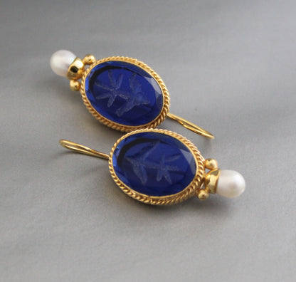 Indigo Blue Earrings Intaglio Earrings, Vintage Jewelry