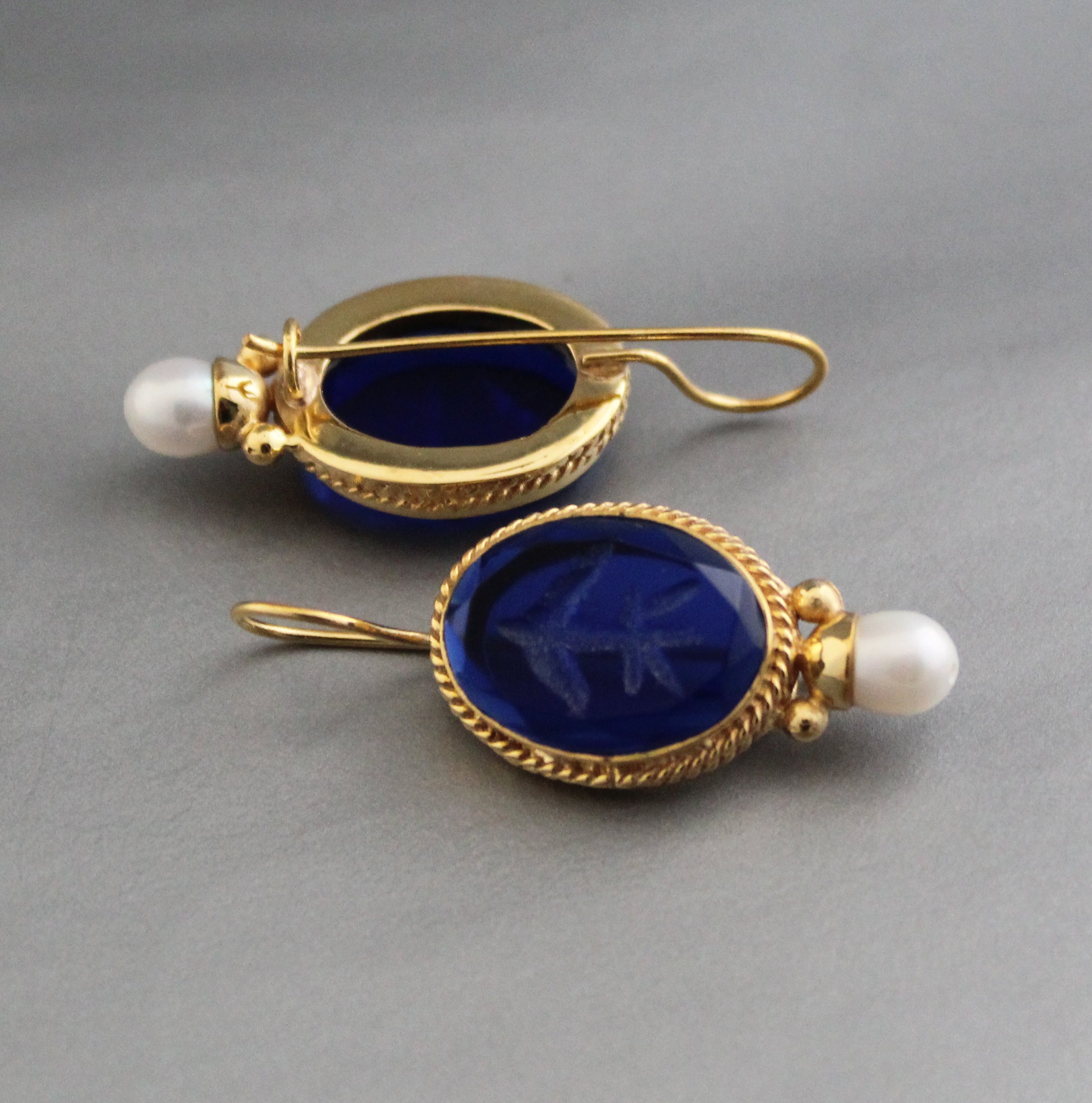 Indigo Blue Earrings Intaglio Earrings, Vintage Jewelry