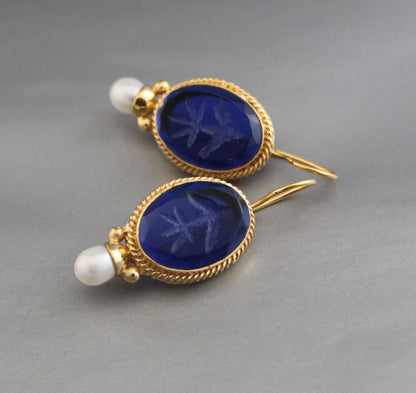 Indigo Blue Earrings Intaglio Earrings, Vintage Jewelry