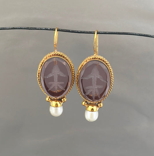 Purple Stone Intaglio Earring, Victorian Antique Jewelry