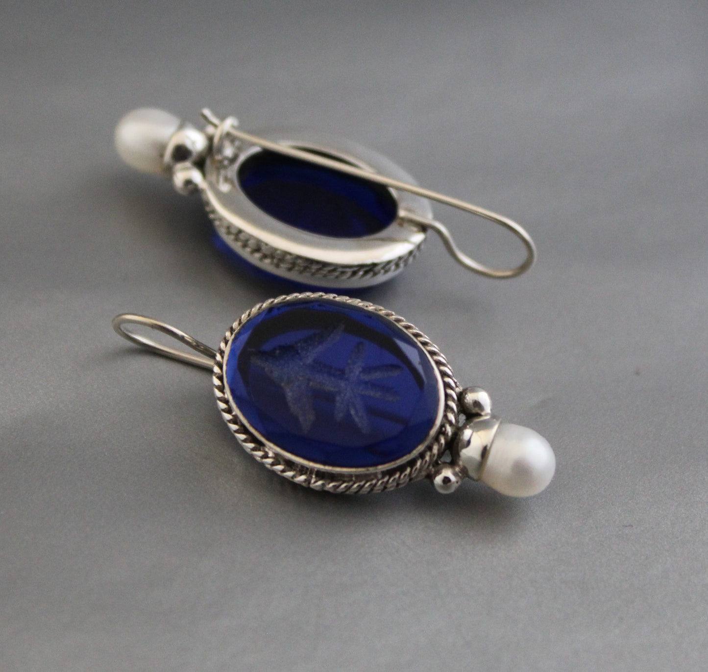 Indigo Blue Intaglio Dainty Silver Earrings