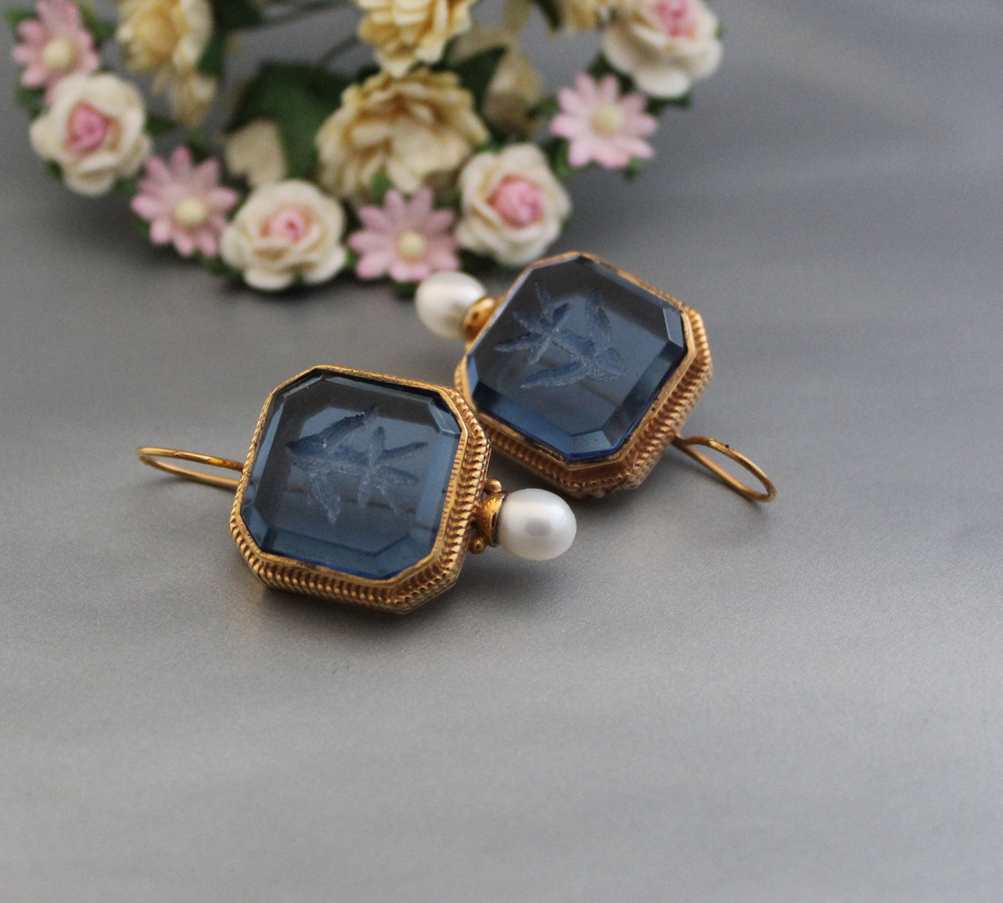 Blue Crystal Intaglio Earrings