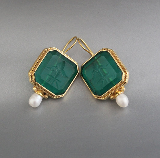 Green Crystal Intaglio Earrings, Vintage Earrings