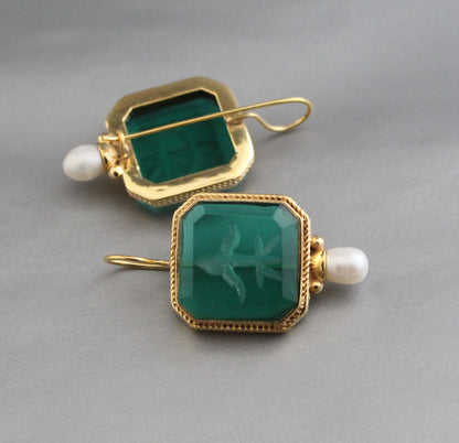 Green Crystal Intaglio Earrings, Vintage Earrings