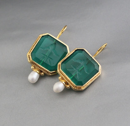 Green Crystal Intaglio Earrings, Vintage Earrings