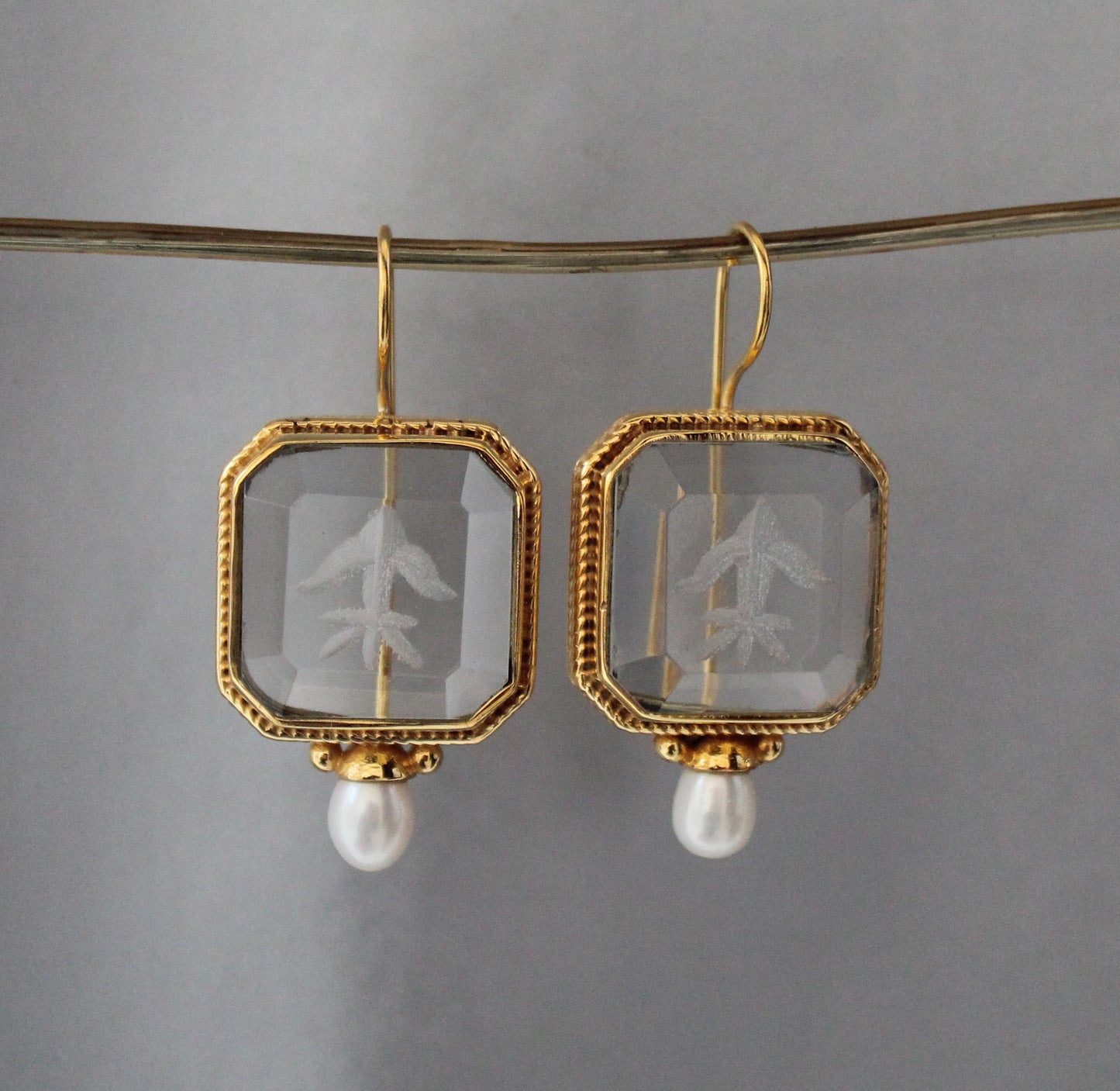 Clear Crystal Intaglio Earrings, Gold Vintage Earrings