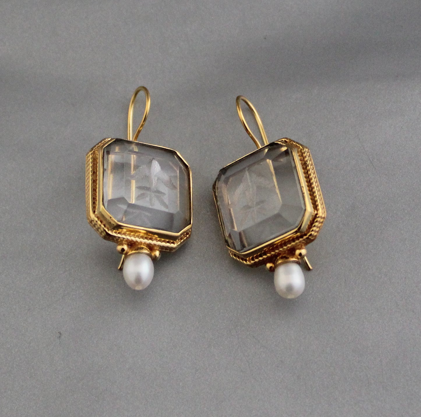 Clear Crystal Intaglio Earrings, Gold Vintage Earrings