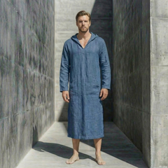 Navy Blue Hooded Linen Lounge Dress