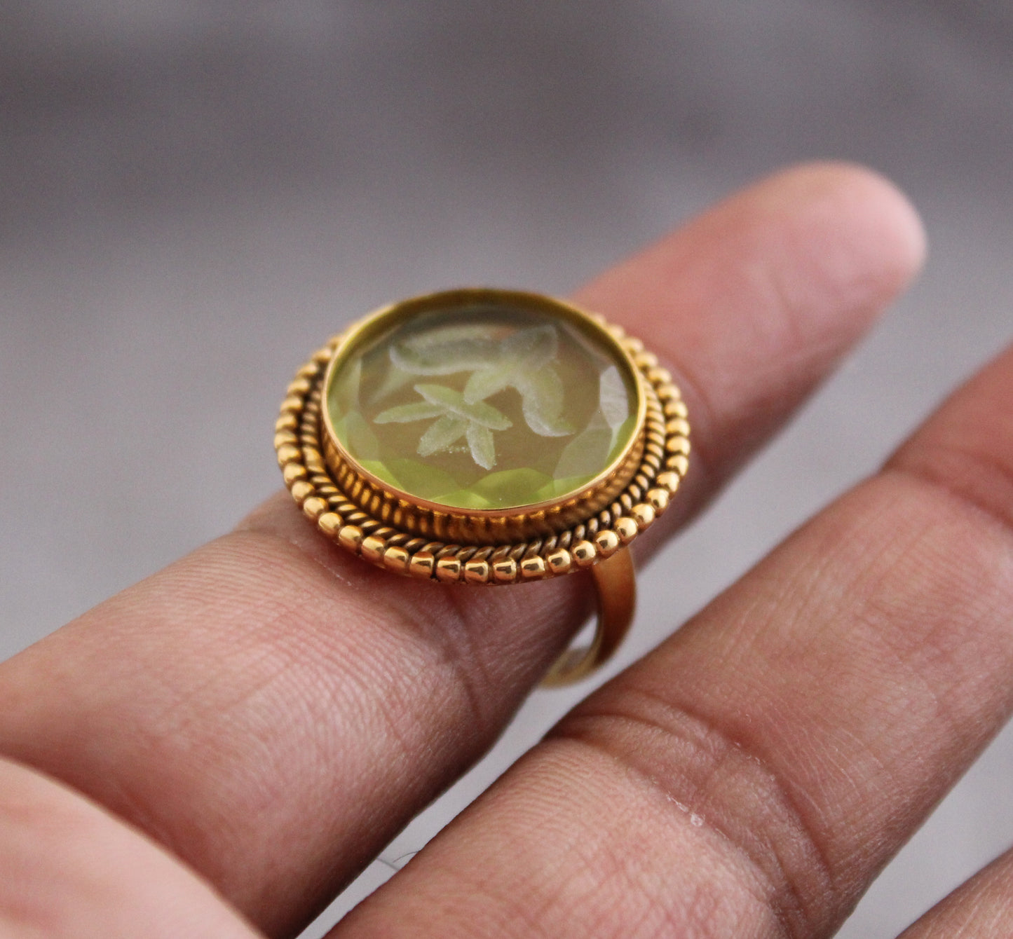 Olive Green Intaglio Ring, Green Gemstone Ring