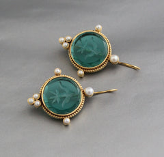 Green Intaglio Earrings, Ancient Victorian Earrings