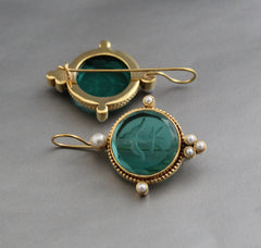 Green Intaglio Earrings, Ancient Victorian Earrings