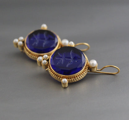 Indigo Blue Intaglio Earrings, Dainty Gold Earrings