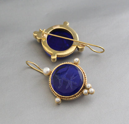 Indigo Blue Intaglio Earrings, Dainty Gold Earrings