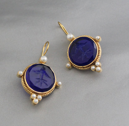 Indigo Blue Intaglio Earrings, Dainty Gold Earrings