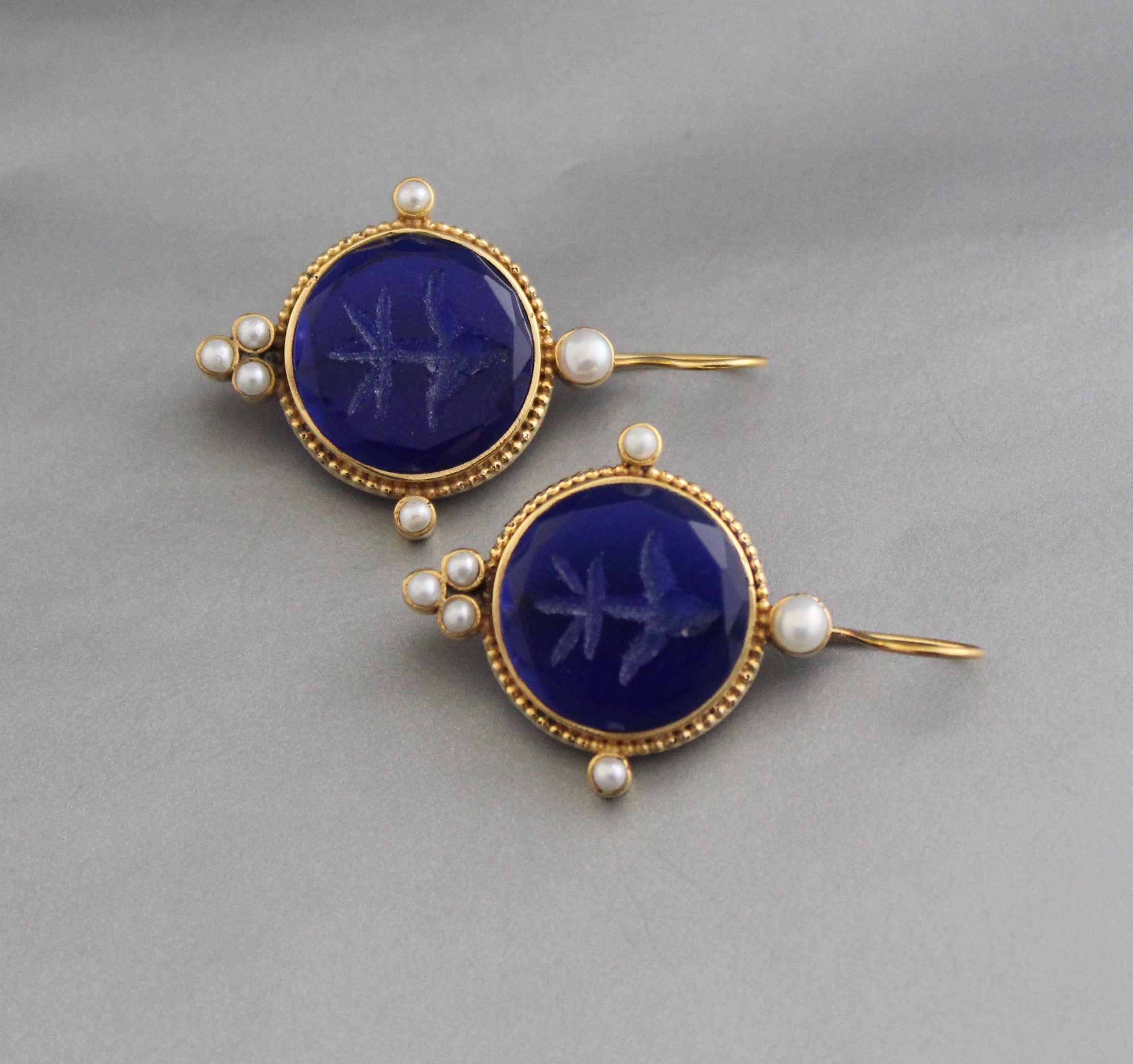 Indigo Blue Intaglio Earrings, Dainty Gold Earrings