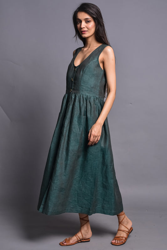 Neutral Green Sleeveless Linen Midi Dress