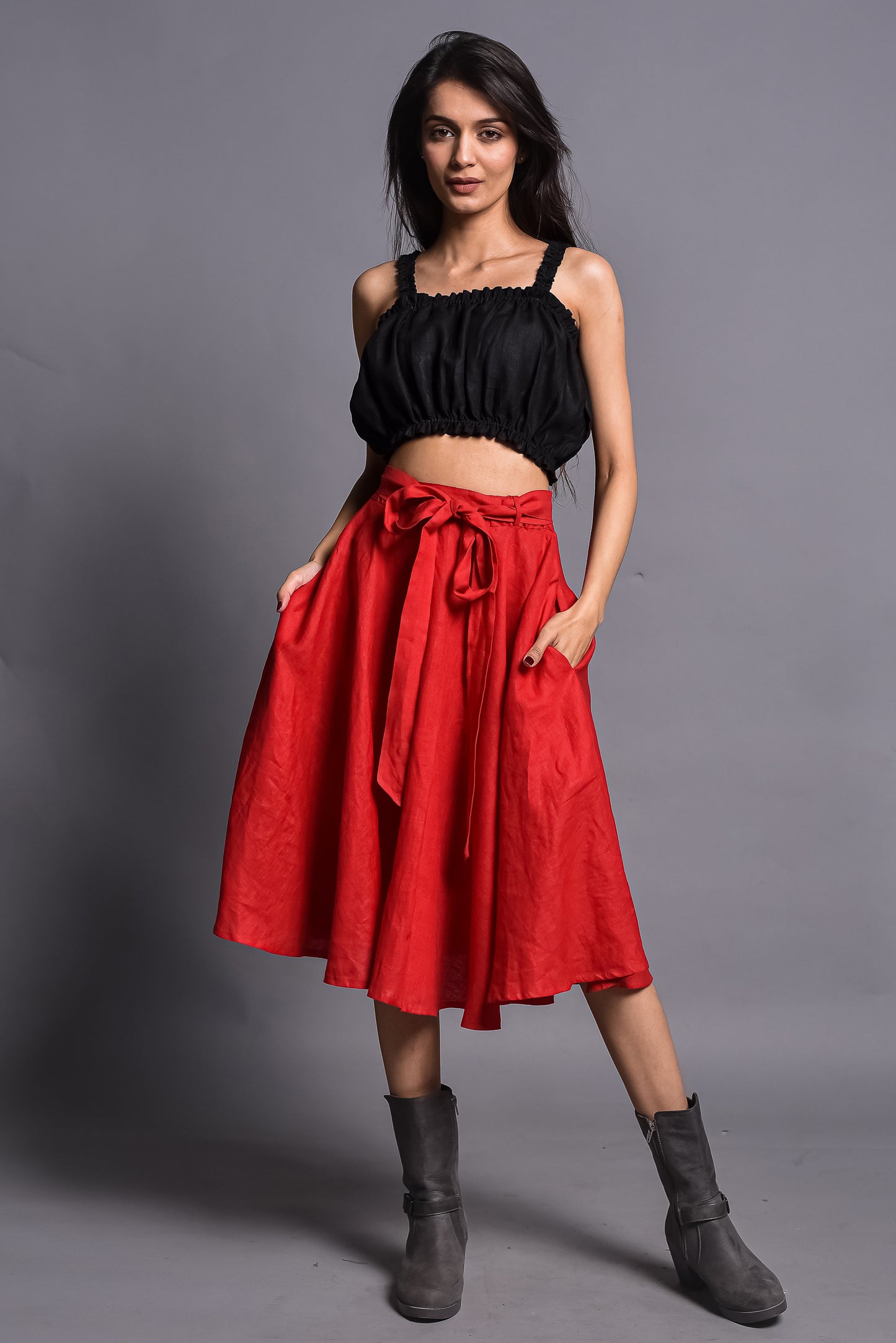 Red Midi Skirt, Soft linen Circle Skirt