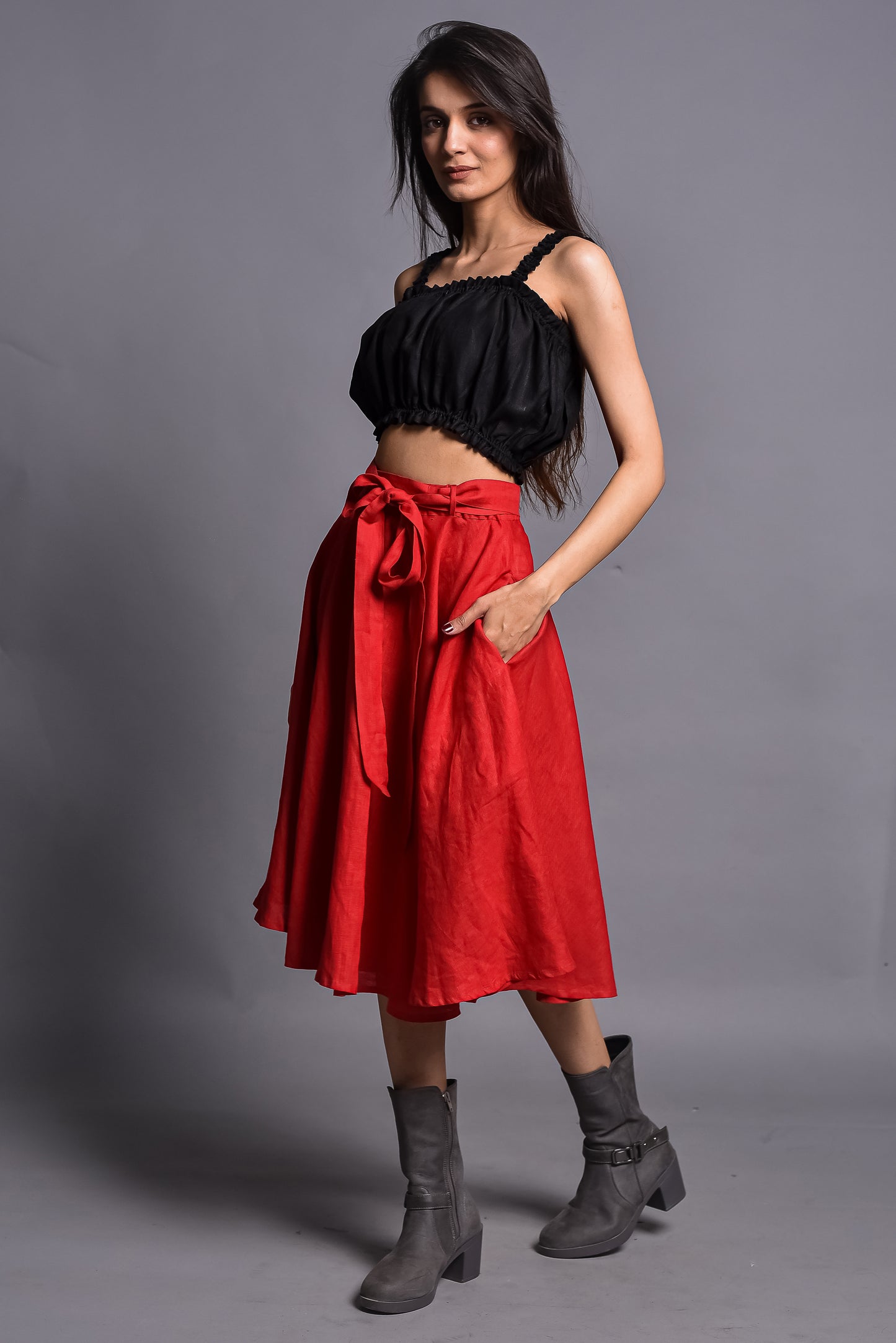 Red Midi Skirt, Soft linen Circle Skirt