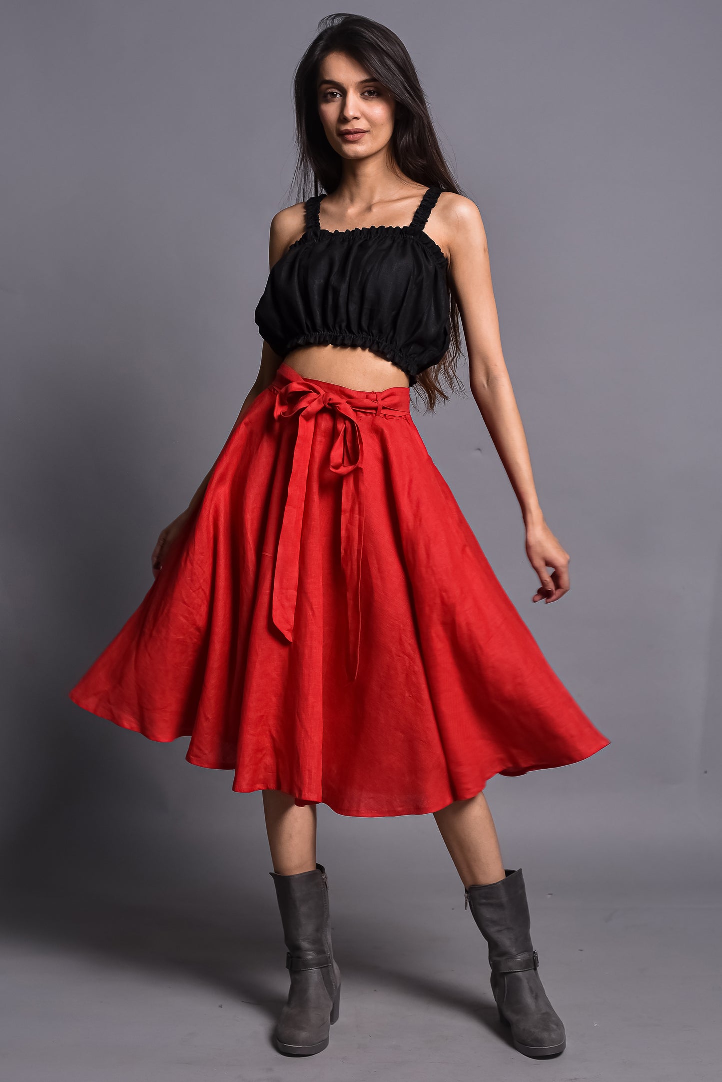 Red Midi Skirt, Soft linen Circle Skirt