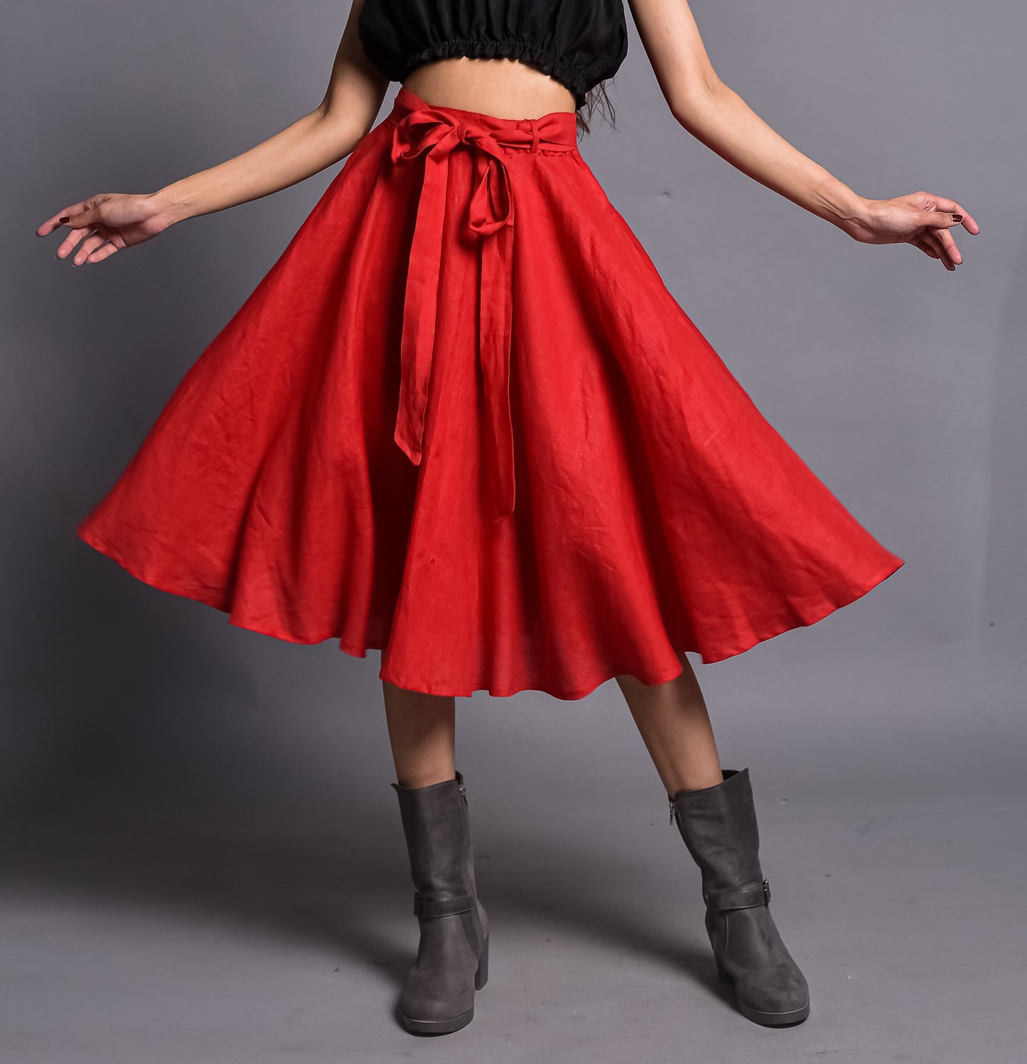 Red Midi Skirt, Soft linen Circle Skirt