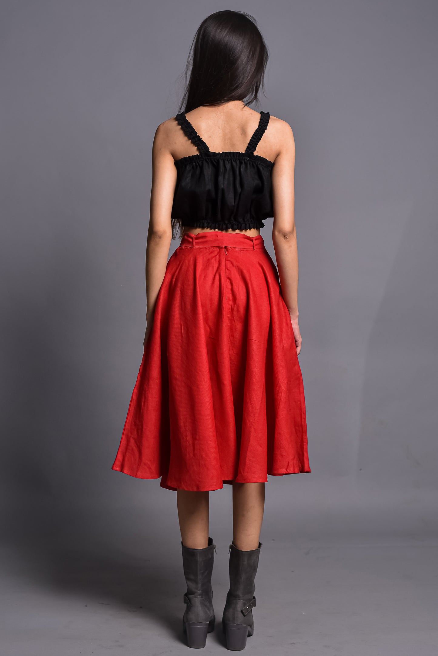 Red Midi Skirt, Soft linen Circle Skirt