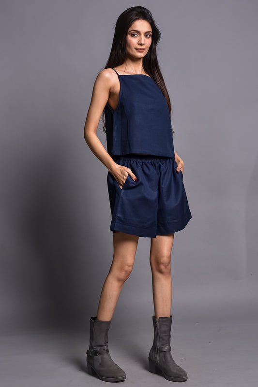 Navy Blue Linen Cami & Shorts Set