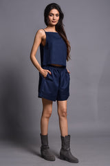 Navy Blue Linen Cami & Shorts Set