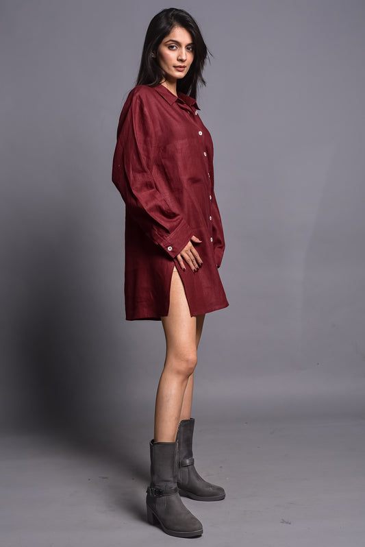 Garnet Linen Shirt Dress with Full Button Placket