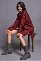 Garnet Linen Shirt Dress with Full Button Placket