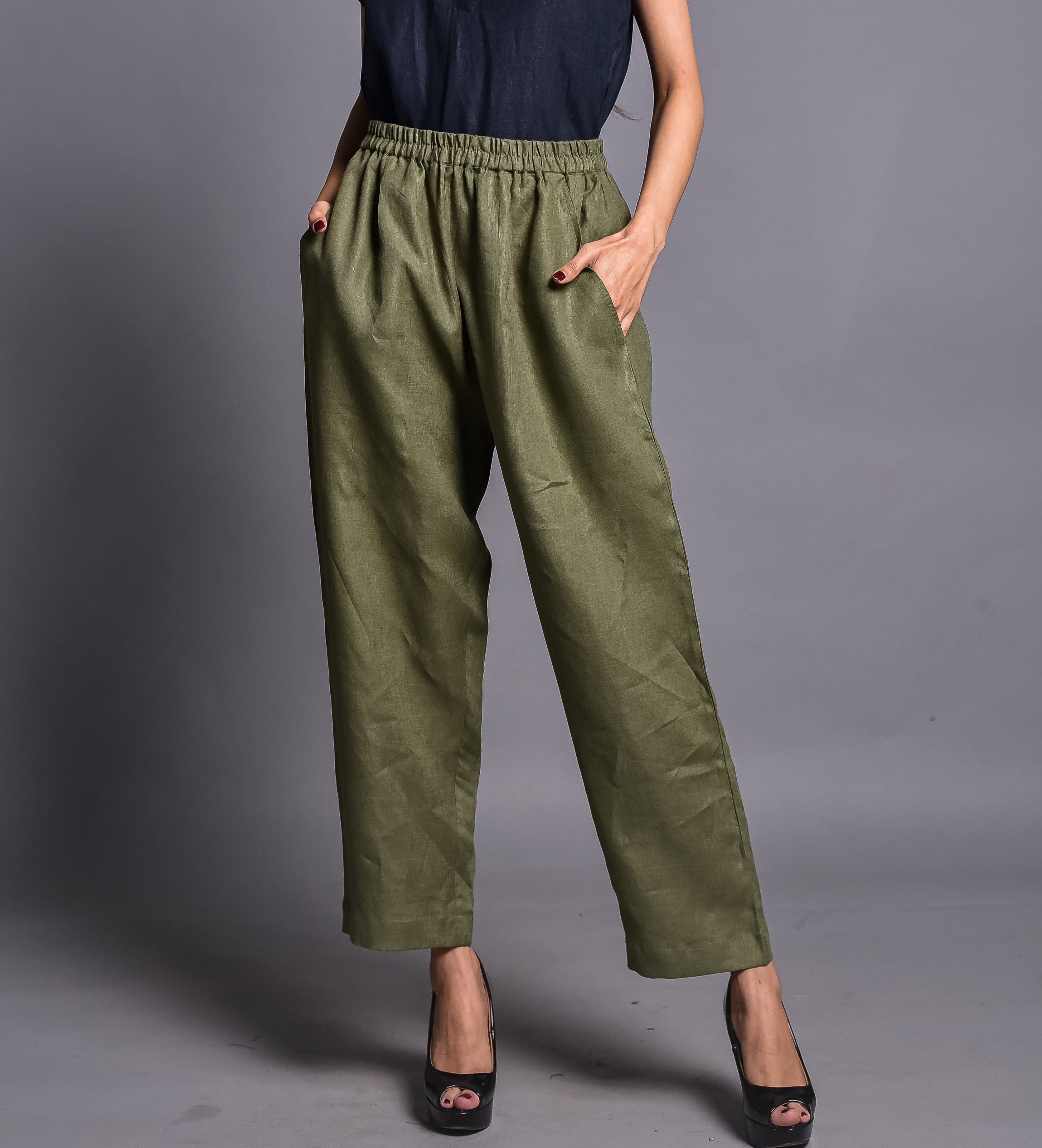 Linen Long Pants, Elastic Waist Pants