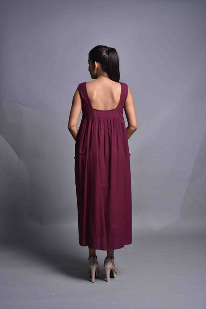 Linen Square Neck Dress With Patch Pocket, Linen Maxi Dress