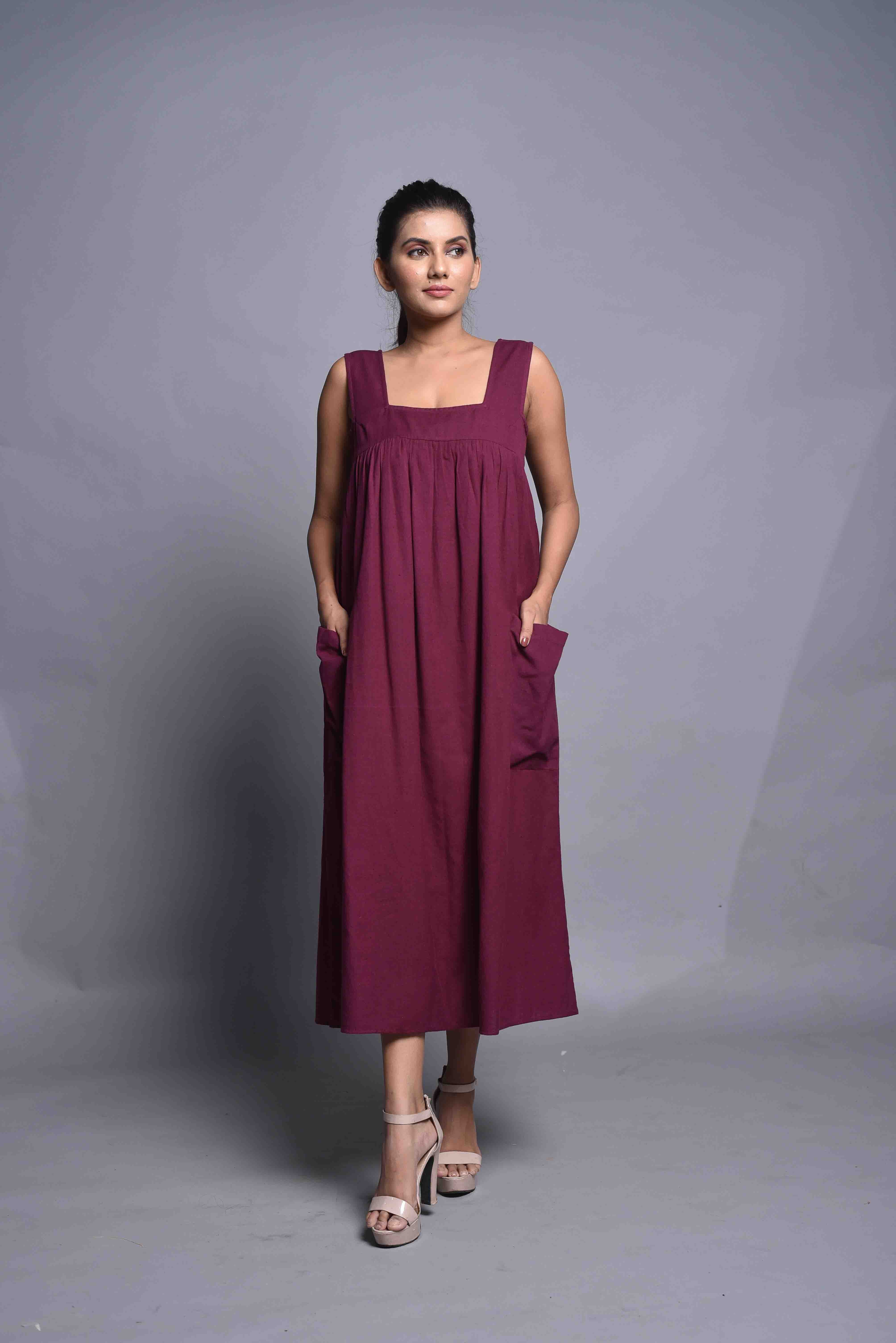 Linen Square Neck Dress With Patch Pocket, Linen Maxi Dress