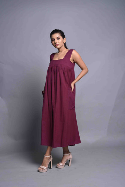 Linen Square Neck Dress With Patch Pocket, Linen Maxi Dress