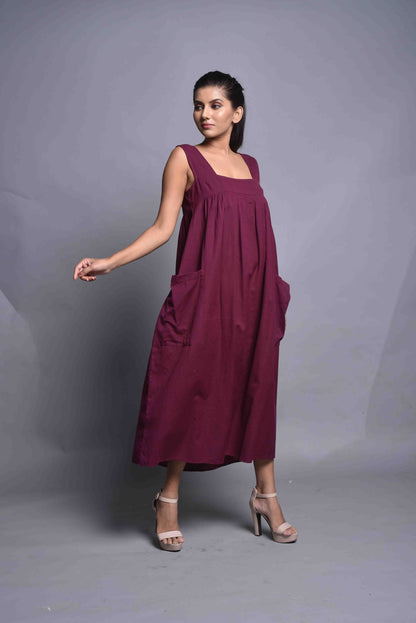 Linen Square Neck Dress With Patch Pocket, Linen Maxi Dress