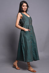 Neutral Green Sleeveless Linen Midi Dress