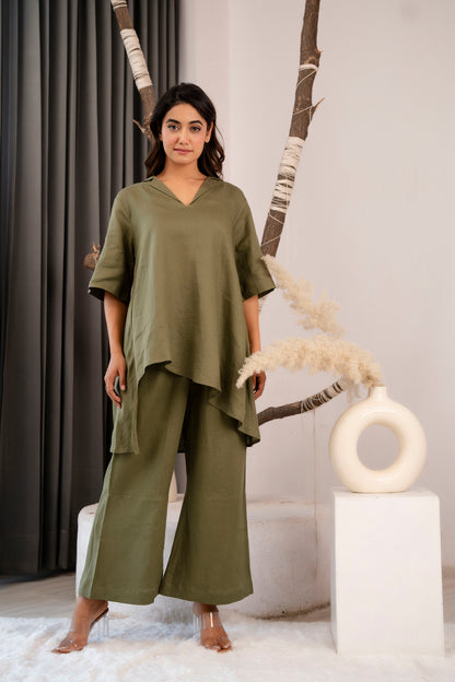 Asymmetrical Linen Blouse with Loose Pant Set