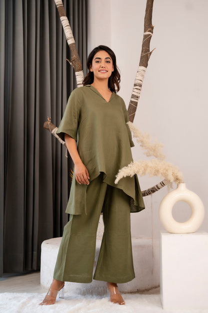 Asymmetrical Linen Blouse with Loose Pant Set